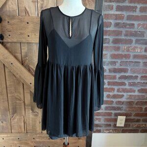 BCBGeneration Black Illusion Chiffon Pleated Bell Sleeve Babydoll Dress Size S/M